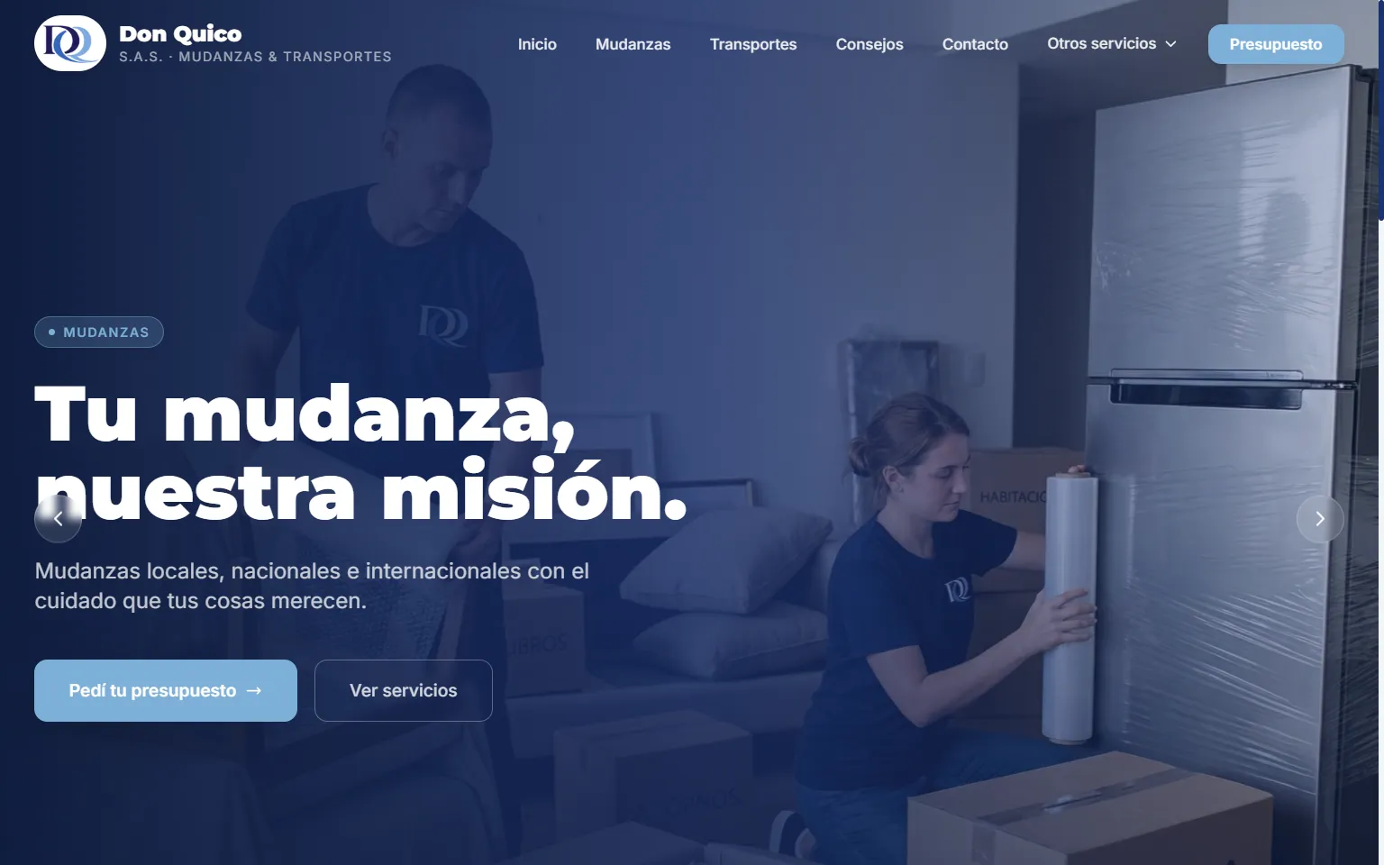 Portada del sitio de Don Quico S.A.S. con sus servicios de mudanzas y transportes